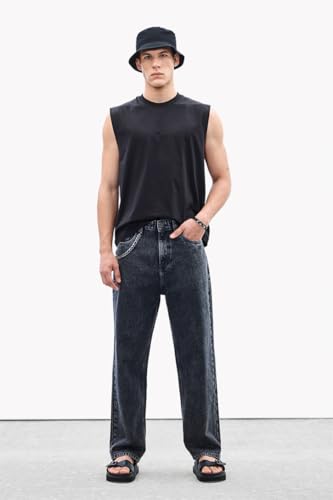 Image of SNITCH Men Casual Jeans | Acid-Washed Baggy Fit with Turned-Up Cuffs & Relaxed Wide-Leg Style | 100% Cotton Fabric for Streetwear & Winter Comfort