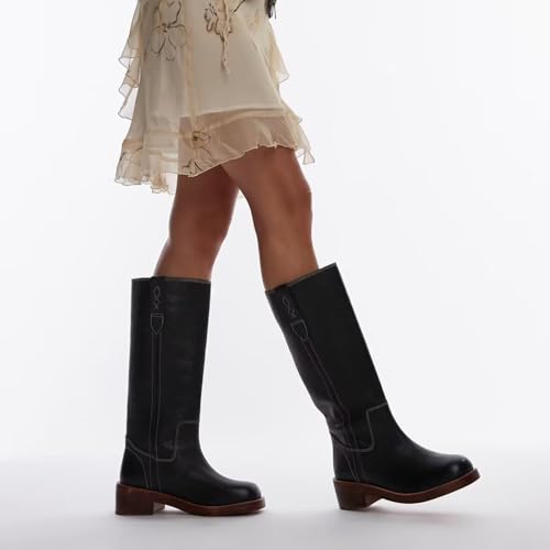 Agodor Vintage Knee High Boots for Women, Square Toe Banane Long Riding Boots Chunky Block Heel Comfortable Wide Calf Pull On Campus Boot4