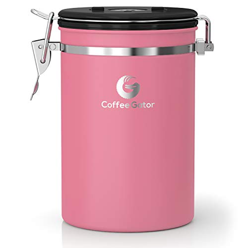 Coffee Gator Coffee Canister, Airtight Stainless Steel Kitchen Food Storage Container with Date Tracker, Scoop for Sugar, Grounds Coffee, Beans,Tea, Sugar, Cereal, Flour, Cookies Jars (Pink, 22oz)