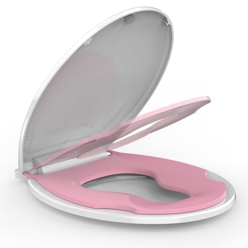 Toilet Seat Round,Toilet Seat with Toddler Seat Built in, Potty Training Toilet Seat Round Fits Both Adult and Child, with Soft Close, Easy Install and Clean - Round White and Pink