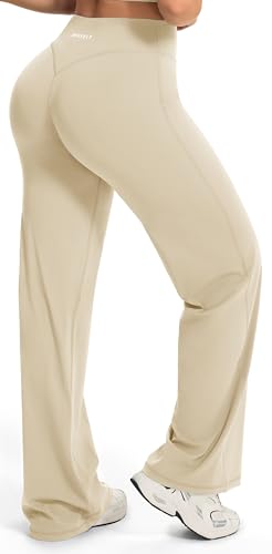 JOYSPELS Straight Leggings Damen Yogahose Schlaghose Flared Hohe Taille Sport Gym Blickdicht Freizeithose Lang Vollkornreis M