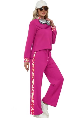 Image of WIHOLL Two Piece Sets for Women Fall Travel Vacation Outfits 2026 Long Sleeve Lounge Sets Side Slit Wide Leg Pants XS-3XL