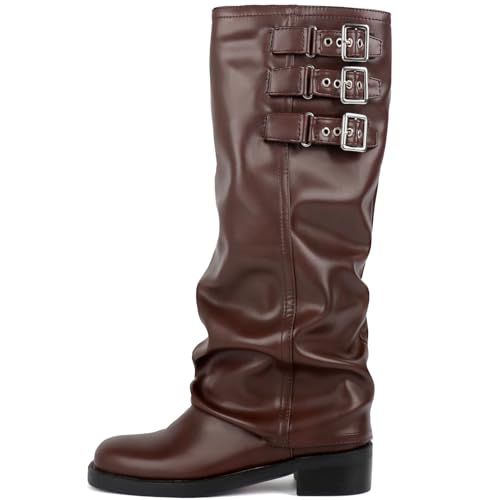 Image of ClassicSter Fold Over Knee High Boots Slouch Boots for Women Chunky Goth Platform Boots,2 inch Heel Wide Calf Long Boots Square Toe Riding Boots