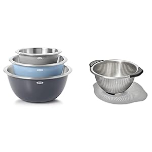 OXO Good Grips 3-Piece Stainless Steel Mixing Bowl Set – Blue/Gray, 4.7L & Good Grips Stainless Steel 5 qt./ 4.7 L Colander