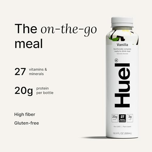 Huel Ready-to-Drink | Vanilla Meal Replacement Drink High Protein Nutritionally Complete, Low Sugar, Fiber, Plant Based, Vegan, Healthy 20g Per Bottle, 16.9 Fl Oz (12 Pack),5997.51 Milliliters