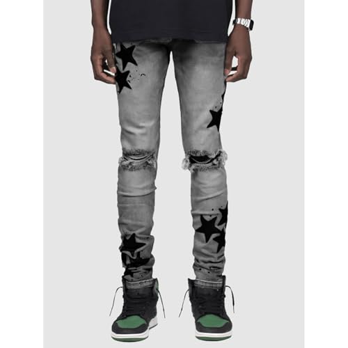 Men's Embroidered Star Jeans Distressed Stretch Slim Fit Stacked Jeans Straight Leg Hip Hop Denim Pants Streetwear3