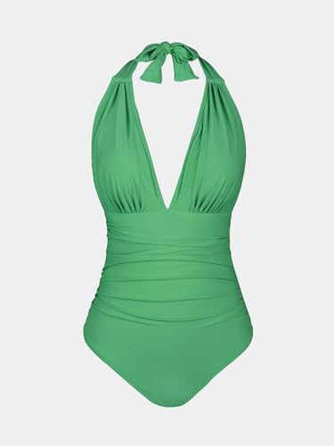 Image of CUPSHE Women Deep V Neck One Piece Halter Swimsuit | Backless,Ruched,Tummy Control,Soft Removable Cups,Flattering Bathing Suit For Vacation And Beach