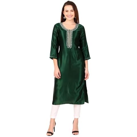 ladyline Formal Gaji Silk Plain Tunic Kurta for Women with Lace Mirror Work Embroidery Kurti Top (SEK LLK1330) (50/Green) Cover