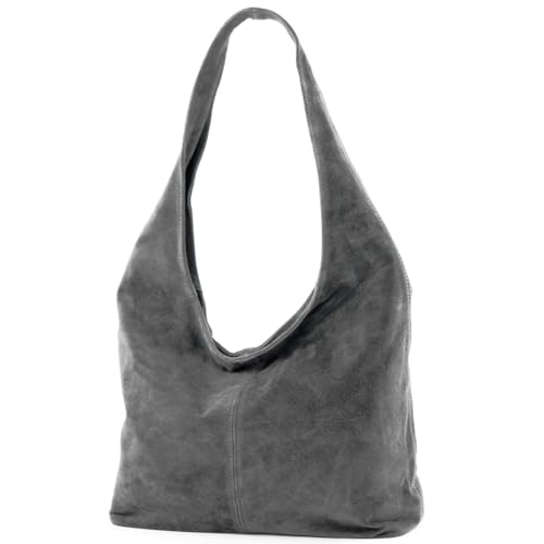 modamoda de T150 Damen Schultertasche Shopper Large aus Wildleder handmade in Italy, Farbe:Dunkelgrau2021
