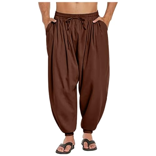 Pantaloni da yoga da uomo, in lino, con coulisse, vestibilità comoda, casual, da uomo, blu scuro, caffè, XXL
