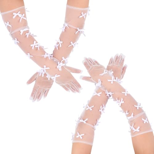 2 Pairs White Sheer Bowknot Elbow Length Long Lace Gloves Mini Bow Finger tulle Mesh Transparent Arm Accessories Sleeve Polyester Glove for Women Wedding Coquette Party Decoration Masquerade