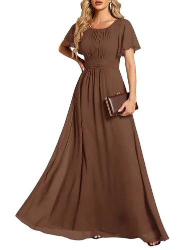 Image of Ever-Pretty Women's Spring Elegant Round Neck Short Sleeve Chiffon Empire Waist Floor Length Formal Dresses Bridesmaid Dress
