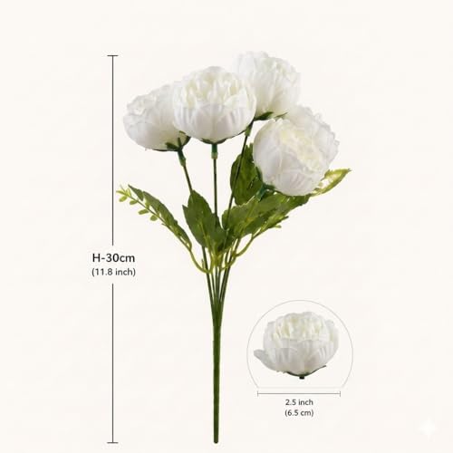 Image of CURATED CART 1 Bunch Artificial Peony Rose Flower Bouquet (White) | 5 Flower Heads, for Home Decor, Office, Bedroom, Balcony, Table Display, Wedding Decoration (Without Vase Pot)