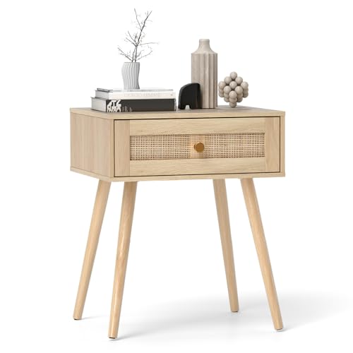 COSTWAY Nachttisch Rattan, Nachtschrank mit Schublade und...