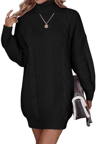 ELFIN Strickkleid Damen Oversized Rollkragen Pulloverkleid Winterkleid Langarm Strickpullover Zopfmuster Strick Langer Pullover Mini Kleider (L,...