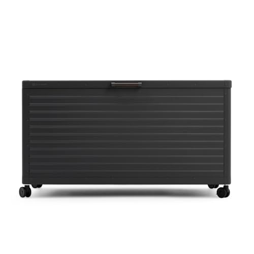 Image of MIRADOR 134 Gallon Outdoor Storage Box with Wheels & Soft-Close Lid, Waterproof Metal Deck Box for Patio Cushions, Garden Tools & Pool Accessories, Charcoal