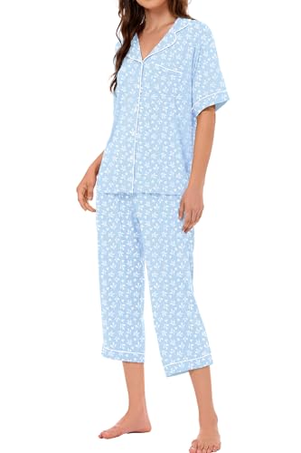 Image of LUBOT Womens Bamboo Viscose Pajamas for Women PJ Set 2 Piece Cooling Soft Short Sleeve Capri Pants Summer Sleepwear Set S-XXL