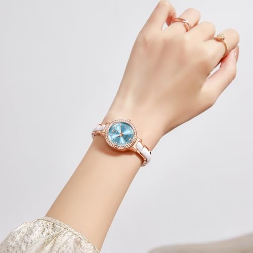 Image of OLEVS Women's Quartz Watches - Elegant Oval Diamond Dress Watch with Ceramic Band, 30M Waterproof Ladies Wrist Watch for Dress & Casual Wear (Rose Gold Blue /Red /Purple /White)