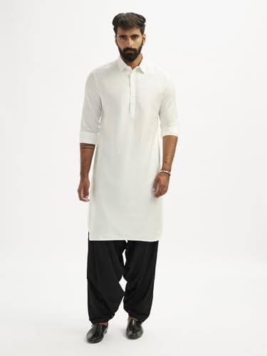 Image of VASTRAMAY Men's Black and White Viscose Pathani Kurta Set, Traditional Pathani Khan Suit Set in Viscose Fabric, and Salwar Patiala Pyjama for Weddings & Festival, Ethnic Outfit | Independence Day