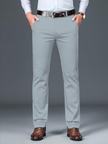 Image of AVANOVA Men's Light Grey Solid Trousers Light Business Style Slightly Stretch Straight Leg Pants for Outdoor Casual Daily (Trouser 127)