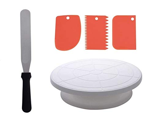 IARA Baking Tools Accessories Combo Set of Cake Rotating Stand Turntable with 8 Inch Palette Knife and 3 Piece Cake Scrappers