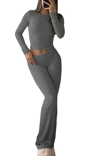 Image of YETOWA Y2K 2 Piece Outfits Tummy Control Long Sleeve Crop Top High Waisted Flare Pants Soft Knit Lounge Set