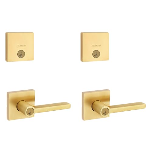 Image of Kwikset Halifax Square Front Door Lock Handle and Deadbolt Set, Entry Exterior with Interior Reversible Lever, Satin Brass, Project Pack, Pick Resistant SmartKey Rekey Deadbolt Security
