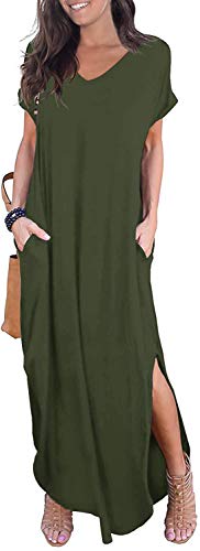 SouqFone Pocket Bohemian Dresses for Women Casual V Neck T Shirt Long Loose Dresses Beach Dress-XL,Army Green
