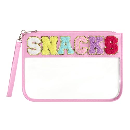 Narsikar Clear Snack Bag for Travel Chenille Letter Clear Zipper Snacks Pouch Nylon Cosmetic Bag Makeup Travel Bag for Women(Pink)
