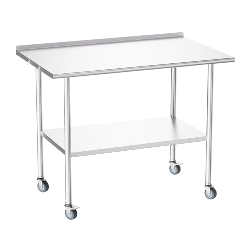 Image of Atelicf All-Stainless Steel Prep Table, 30 x 48 Inch, with Rounded-Corner Backsplash, Casters and Adjustable Undershelf, Heavy-Duty Build for Outdoor Use, Restaurants, Kitchens, Gardens, and Garages