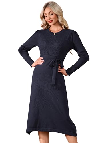 YesFashion Damen Strickkleid Winter Langarm Pulloverkleid Festlich Elegant Wickelkleid Knielang Winterkleid mit Gürtel Dunkelblau XL