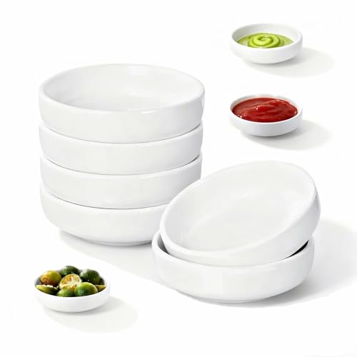 Dip Schälchen Set, 6 Stück Sojasauce Schälchen Weiß, 9 x 2,5 cm Dipschalen Set, Rund Dipschälchen Kleine Snack Schalen, Soja Saucenschälchen zum Dippen für Sushi, Soße, Dips, Saucen, Gewürze, Tapas