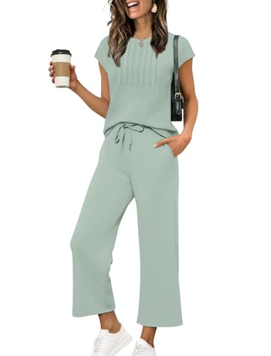 Image of Sampeel Two Piece Sets for Women Summer Vacation Outfits Cap Sleeve Tops Lounge Matching Sets Women Clothing