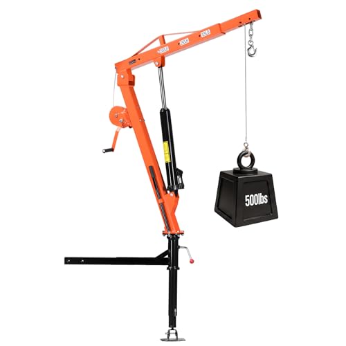 VEVOR Truck Crane 500 lbs Pickup Hitch Crane Trailer Hitch Mounted with Manual Winch & Hydraulic Jack 360 Rotating Telescopic Boom Foldable Truck Bed Jib Hoist for Machine Lumber Equipment Lifting
