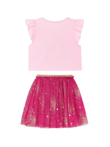 Image of HILEELANG Girls Skirt Set 2 Piece Outfit Cotton Tee Tulle Skirt Set | Soft Cotton Tee, Applique Detail, Layered Tulle Skirt with Lining, Lightweight Comfort for Toddler Little Girls