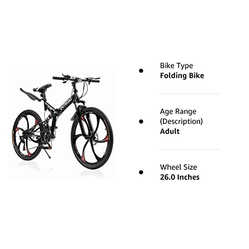Outroad 26 Inch Folding Mountain Bike, 21 Speed Full Suspension High-Carbon Steel Mtb Foldable Bicycle, Dual Disc Brake Non-Slip Folding Bikes For Adults/Men/Women, Black #TOP7