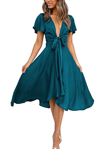 miduo Womens Satin V Neck Ruffle Short Sleeve Tie Front High Waist Midi A-Line Maxi Dresses