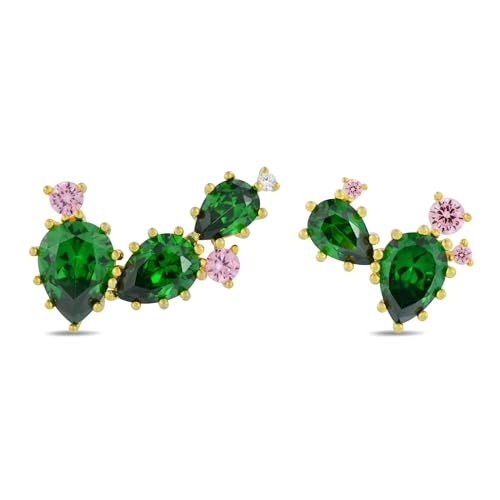14k gold-plated Green And Pink 5A Cubic Zirconia CZ Asymmetric Cactus And Flower Stud Earrings丨925 Sterling Silver Ear posts丨Trendy Jewelry Alluring Plant-Themed Earrings丨Cute Jewelry Gift for Women