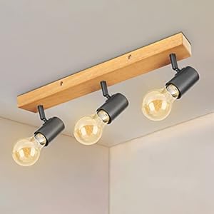 Kimjo Plafonnier LED 3 Spots Orientables, Luminaire Plafond LED Noir Plafonnier Bois, Éclairage de Plafond Douille E27, Applique Murale Interieur pour Salon Couloir Cuisine, Sans Ampoules