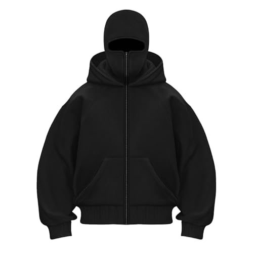 Image of Men's FullZip Sports Hoodie with Balaclava Mask, Hood Track Style Jacket With Pocket,Warm Fleece Coats for Winter Outdoor Sports Jackets For Cycling Running (Black, M)