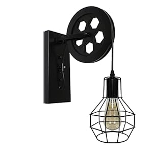 Rustic Wall Light Fixture Farmhouse Wall Sconce Pulley Wall Lamp Lantern with Metal Iron Cage 1 Set Indoor Sconce Wall Lighting Bedroom Bedside Kitchen Barn Restaurant Black
