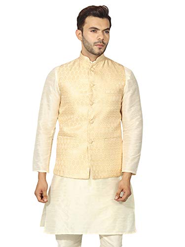 Image of Uri and MacKenzie Men's Silk Blend Regular Kurta Churidar Pyjama with Bundi Nehru Jacket /Waistcoat