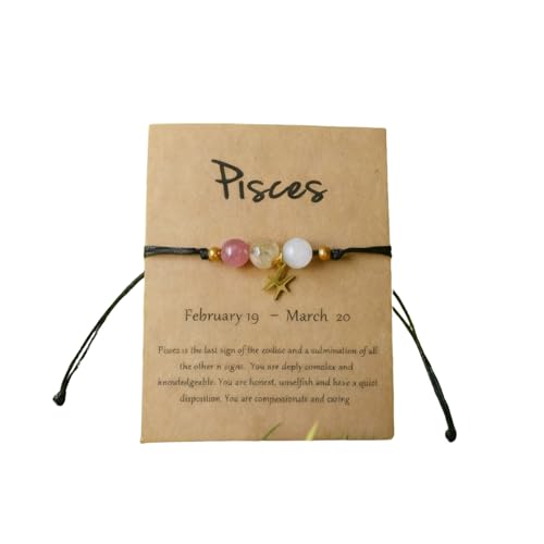 ChungLong0593 12 Constellation Zodiac Bracelet with Natural Stone Beads for Women, Adjustable Black Cord Star Sign Bracelet with Horoscope Card (Pisces)