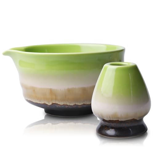 GOMETY Tazón de té matcha tradicional de 2 piezas, cuenco de té matcha tradicional de 18 oz, cerámica, diseño único