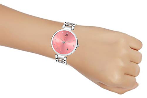 IIK COLLECTION Round Studded Dial Stainless Steel Bracelet Chain Strap Analogue Wrist Watch for Women and Girls, Pink Dial, WOMEN STYLISH