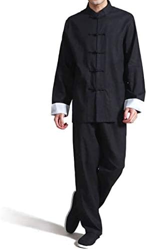 Men's Cotton Linen Kung Fu Suit Chinese Martial Arts Uniform Meditation Suit Roll-Up Sleeve Frog Button Shirt Pants Outfit