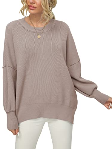 Anrabess Women's Long Sleeve Oversized Crew Neck Solid Color Side Slit Knit Pullover Sweater A305Hongxing-Xs #TOP1