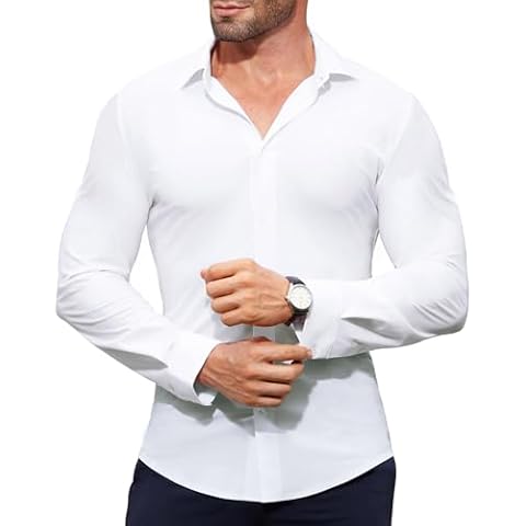 Lion Nardo Stretch Mens Dress Shirts Long Sleeve Muscle Fit Dress Shirts for Men Slim Fit Big and Tall Casual Button-Down Shirts White Cover