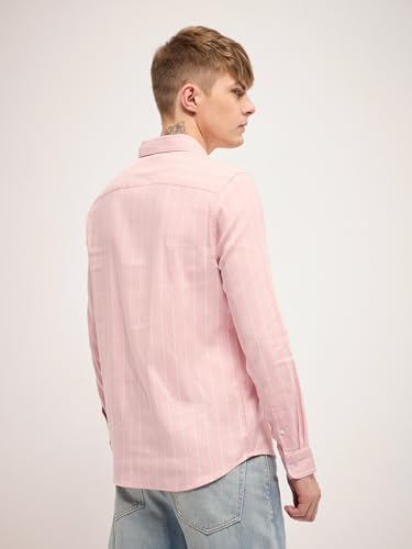 Image of THE BEAR HOUSE Men Spread Collar Vertical Striped Cotton Slim Fit Casual Shirt