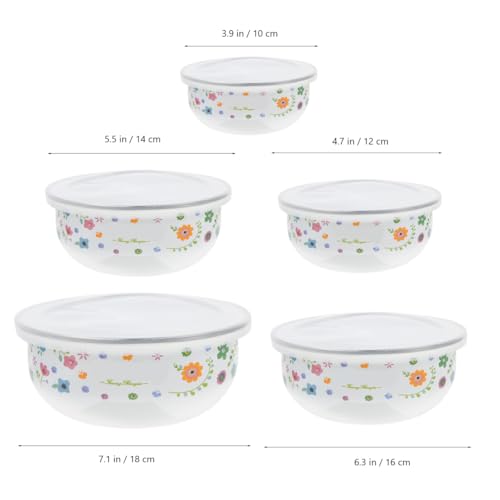 Kichvoe 5-Teiliges Emaille-Schüssel-Rührschüssel-Set Mit Blumenmuster Ineinander Verschiebbare Lebensmittelaufbewahrungsschüssel Mit Deckel Für Die Küche Zum Servieren Von Müsli